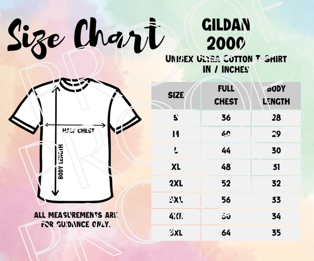 Gildan 2000 Sizing Chart Unisex Ultra Cotton T-shirt Size - Etsy