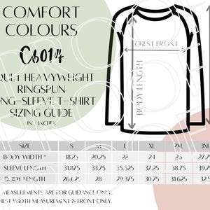 Comfort Colours C6014 Sizing Chart, Unisex Heavy Weight Cotton T-Shirt Size Guide, Digital Download, Downloadable Digital Sizing Guide