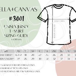 Bella+Canvas #3001 Sizing Chart, Unisex T-Shirt Size Guide, Digital Download, Downloadable Digital Sizing Guide