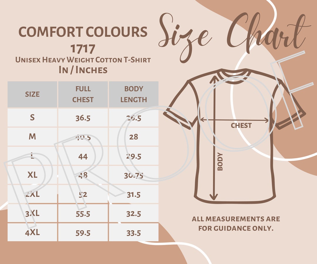 Comfort Colours 1717 Sizing Chart, Unisex Heavy Weight Cotton T