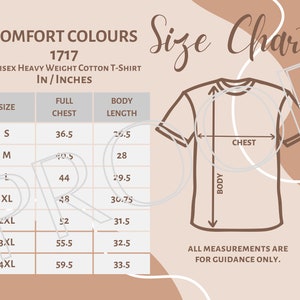 Comfort Colours 1717 Sizing Chart, Unisex Heavy Weight Cotton T-Shirt Size Guide, Digital Download, Downloadable Digital Sizing Guide