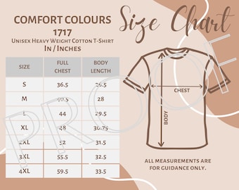 Può includere: Tabella delle taglie per una t-shirt unisex in cotone pesante. La tabella mostra le misure del torace completo e della lunghezza del corpo in pollici per le taglie S, M, L, XL, 2XL, 3XL e 4XL.