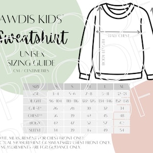 AWDis kindersweater JH030J Maattabel, maattabel uniseks kindersweater, digitale download, downloadbare digitale maattabel