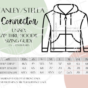 Stanley/Stella Connector Hoodie STSU820 Sizing Chart, Unisex Zip Thru Hoodie Size Guide, Digital Download, Downloadable Digital Sizing Guide