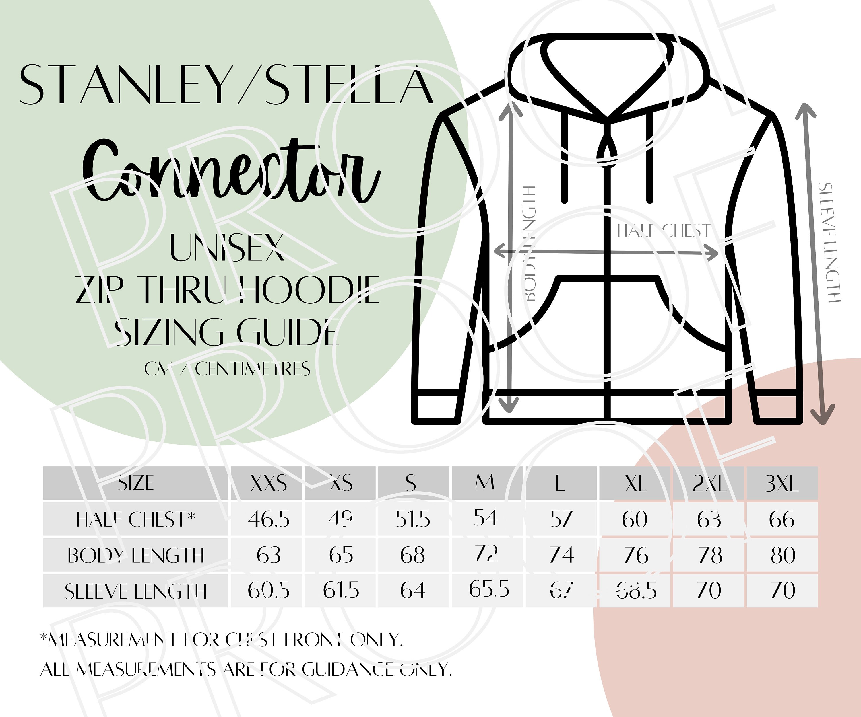 Stanley/stella Connector Hoodie STSU820 Sizing Chart, Unisex Zip