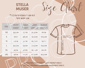 Stella Muser STTW172 Größentabelle, Damen-T-Shirt-Größentabelle, herunterladbare digitale Größentabelle, Print-On-Demand-Größentabelle