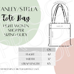 Tabella delle taglie della borsa tote leggera Stanley/Stella STAU773, Guida alle taglie della borsa tote leggera, Download digitale, Guida alle taglie digitale scaricabile