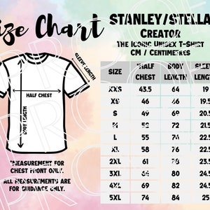 Tabela de tamanhos Stanley / Stella Creator STTU755, guia de tamanhos de camisetas unissex, guia de tamanhos digital para download, tabela de tamanhos para impressão sob demanda