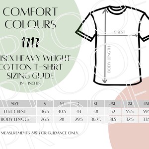 Comfort Colours 1717 Sizing Chart, Unisex Heavy Weight Cotton T-Shirt Size Guide, Digital Download, Downloadable Digital Sizing Guide