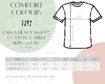 Può includere: Guida alle taglie per t-shirt unisex in cotone pesante in pollici. La tabella mostra le taglie dalla S alla 4XL con le misure per il petto completo e la lunghezza del corpo.