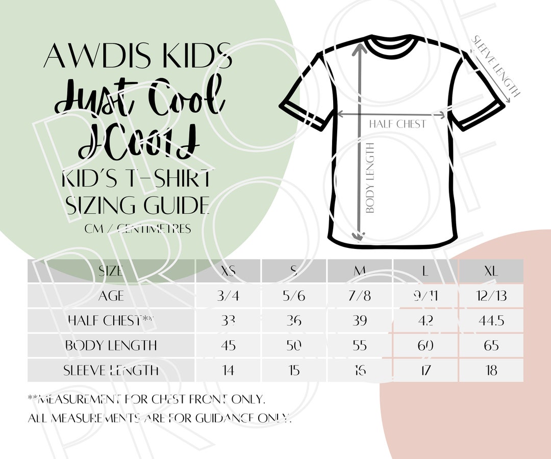 Awdis Kids Just Cool T-shirt JC001J Sizing Chart, Kids T-shirt