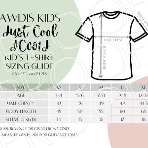 AWDis Kids Just Cool T-Shirt JC001J Sizing Chart, Kids T-Shirt Size Guide, Digital Download, Downloadable Digital Sizing Guide