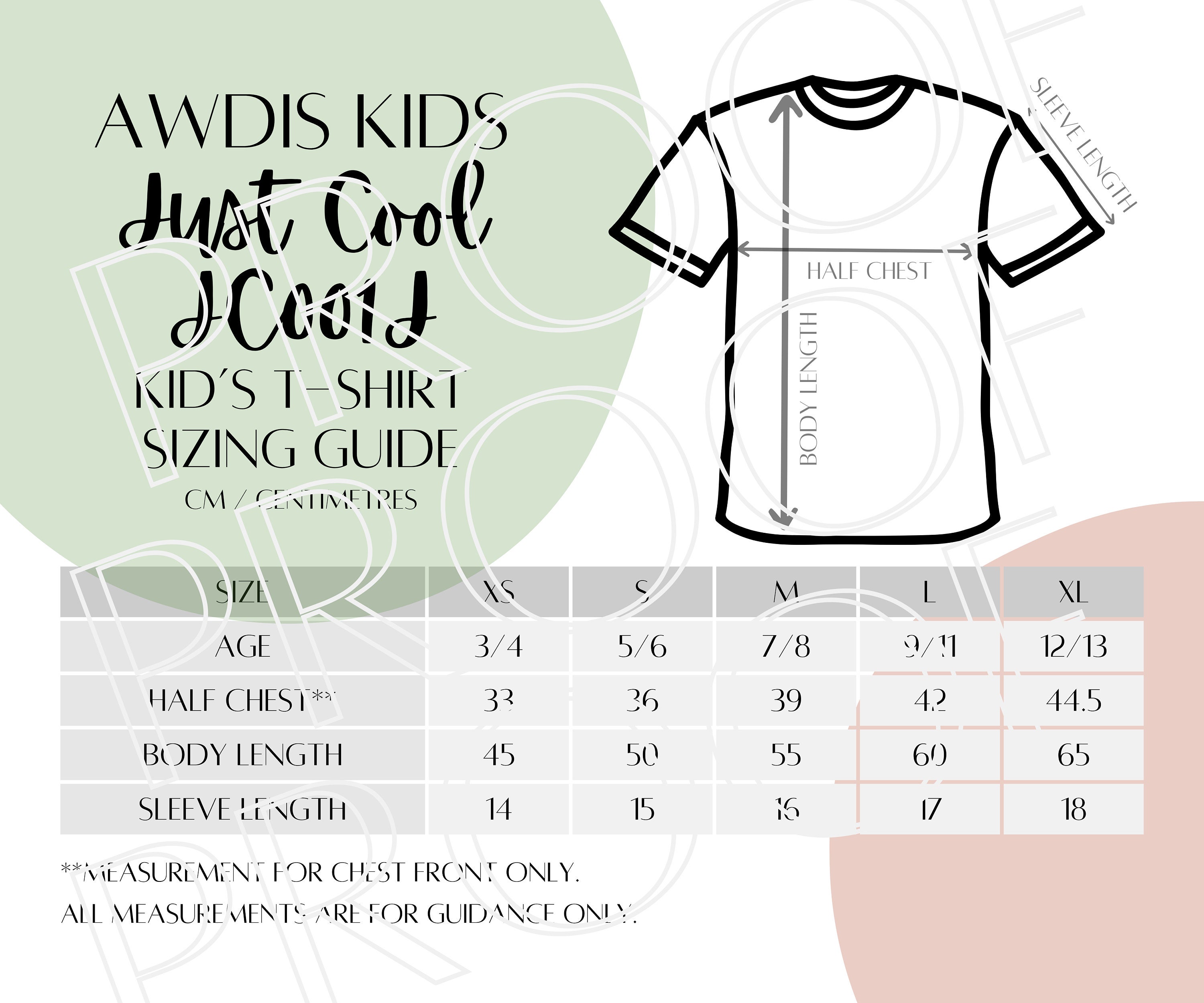 Awdis Kids Just Cool T-shirt JC001J Sizing Chart, Kids T-shirt