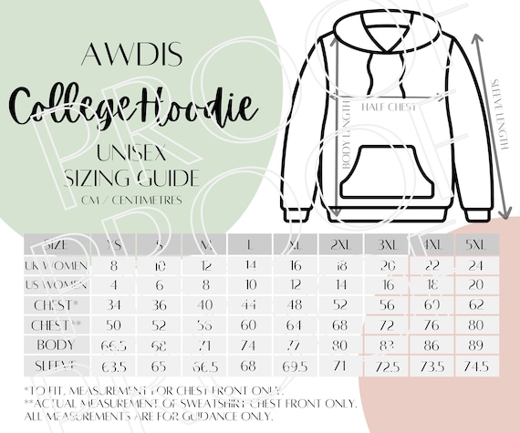 AWDis College Hoodie JH001 Sizing Chart Unisex Hoodie Size Guide Digital Download Downloadable Digital Sizing Guide