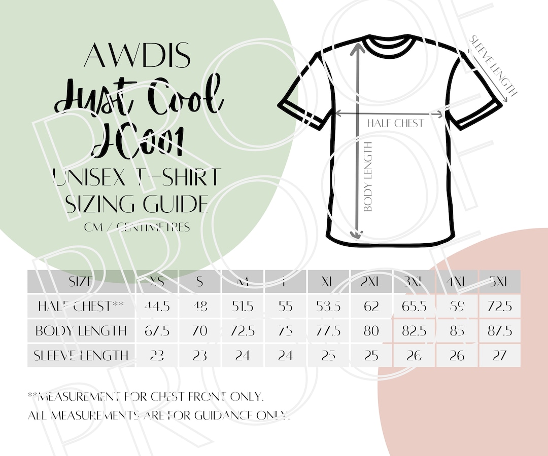 Awdis Just Cool Adult T-shirt JC001 Sizing Chart, Unisex Adult T