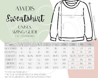 AWDis Just Hoods スウェットシャツ JH030 サイズ表、ユニセックス スウェットシャツ サイズ ガイド、デジタル ダウンロード、ダウンロード可能なデジタル サイズ ガイド