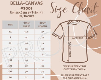 Bella+canvas #3001 Sizing Chart, Unisex T-shirt Size Guide, Digital