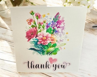 Thank You Card with Watercolor Print Floral Bouquet – Handmade Greeting Card with Envelope Teacher Appreciation, Flower Greetings, Thanks