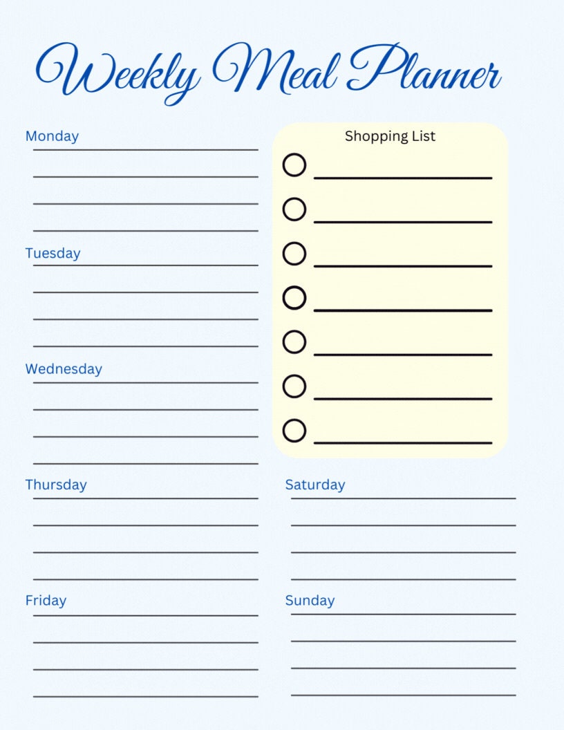 Weekly Meal Planner Etsy
