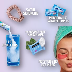 May include: A collection of items for a self-care routine.  A pink satin scrunchie, a blue and white individually wrapped mint, a blue glass with a white powder dissolving in water, a blue and white makeup wipe, and a woman wearing a blue towel with a pink eye mask.
