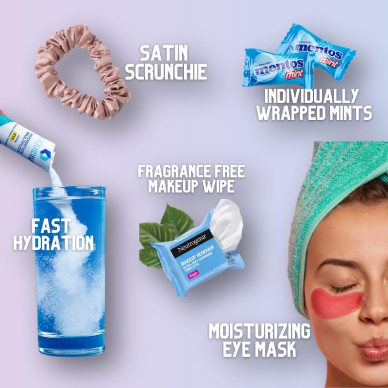 May include: A collection of items for a self-care routine.  A pink satin scrunchie, a blue and white individually wrapped mint, a blue glass with a white powder dissolving in water, a blue and white makeup wipe, and a woman wearing a blue towel with a pink eye mask.
