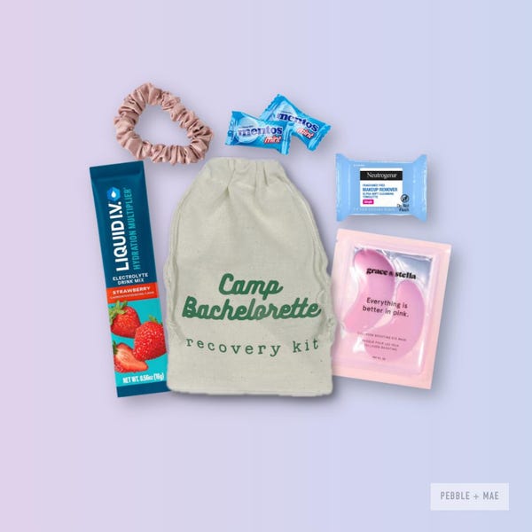 Camp Bachelorette Recovery and Hangover Kit: Custom Favor Bags, Camping Theme