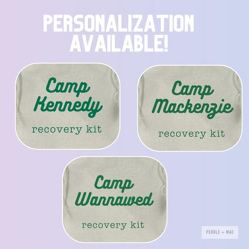 May include: Three white canvas bags with green text that reads "Camp Kennedy recovery kit", "Camp Mackenzie recovery kit", and "Camp Wannawed recovery kit".