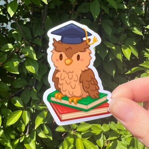 May include: A brown owl wearing a blue graduation cap sits on top of a stack of three books. The books are red, green, and white.