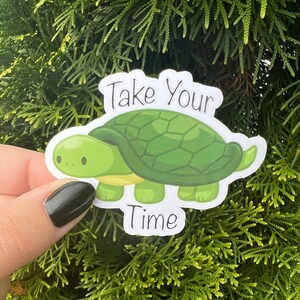 May include: A white sticker with a green turtle illustration and the text "Take Your Time".