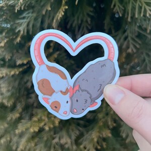 May include: A sticker of two rats in a heart shape. The rat on the left is white with brown spots and the rat on the right is gray. The heart is pink.