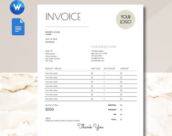 Invoice Template Word, Invoice Template for Small Business,Invoice Template Google Docs, Invoice Template for Contractor, Minimalist Invoice