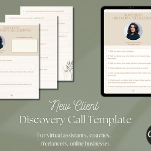 May include: A digital template for a new client discovery call. The template is designed for virtual assistants, coaches, freelancers, and online businesses. The template includes questions to ask a new client to learn about their company, goals, and challenges.