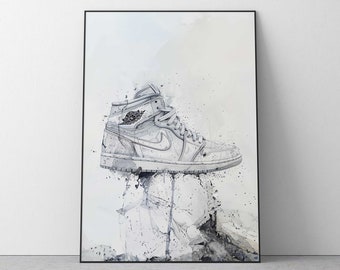 Color de agua inspirado en Jordan 1 Sneaker Print, Bred 1, arte digital, decoración de arte de pared, regalo Sneakerhead, póster de entrenador