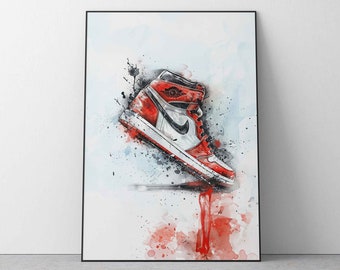 Color de agua inspirado en Jordan 1 Sneaker Print, Bred 3, arte digital, decoración de arte de pared, regalo Sneakerhead, póster de entrenador