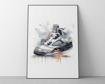 Watercolour inspired by Jordan Five, digital art download, art in Black, digital Jordan, sneaker, trainer poster art, sneakerhead art gift