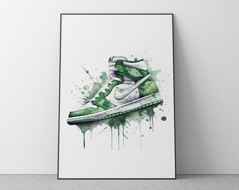 Watercolour inspired by Jordan one, digital art, art in Green, digital Jordan, sneaker, trainer poster art, sneakerhead art gift, kicks