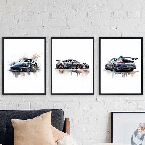 Porsche 911 Aquarellmalerei-Set, druckbare Wandkunst, digitaler Download, Automobil-Dekor, Petrolhead-Geschenk