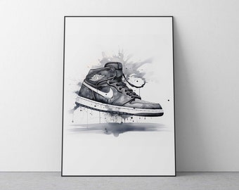 Inspirado en Jordan 1 Sneaker color agua Impresión en blanco y negro, arte digital, decoración de arte de pared, regalo Sneakerhead, póster de entrenador