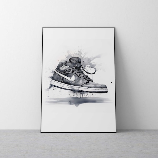 Inspired by Jordan 1 Sneaker water colour Black & White Print, digital art, Wall Art Decor, Sneakerhead Gift, Trainer Poster