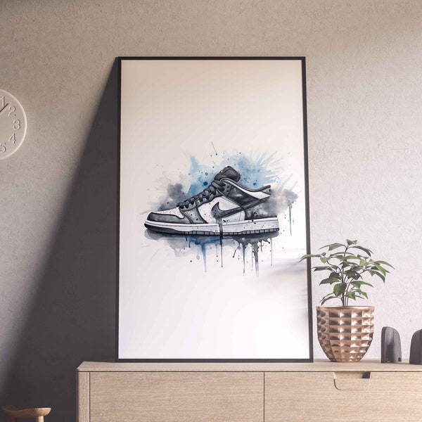 Waterkleur geïnspireerd door SB Dunk Low Sneaker, digitale print, witte splash, panda dunk, Wall Art Decor, Sneakerhead Gift, Trainer Poster