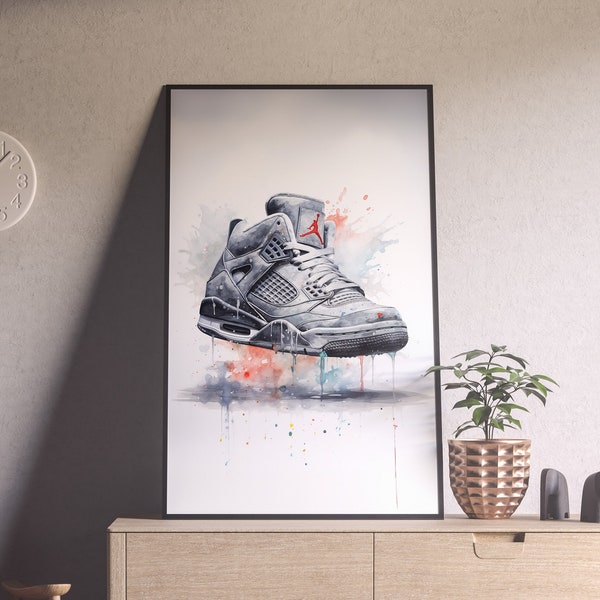 Watercolour inspired by Jordan Five, digital art download, art in Black, sneaker, trainer poster art, sneakerhead art gift, kicks