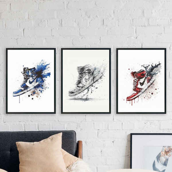 Inspiriert von Jordan One Water Color Gemälde Sneaker Art Prints, 3er-Set, Wanddekoration, Sneaker Print, Sneakerhead Geschenk