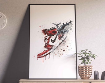 Color de agua inspirado en Jordan 1 Sneaker Print, Bred 1, arte digital, decoración de arte de pared, regalo Sneakerhead, póster de entrenador