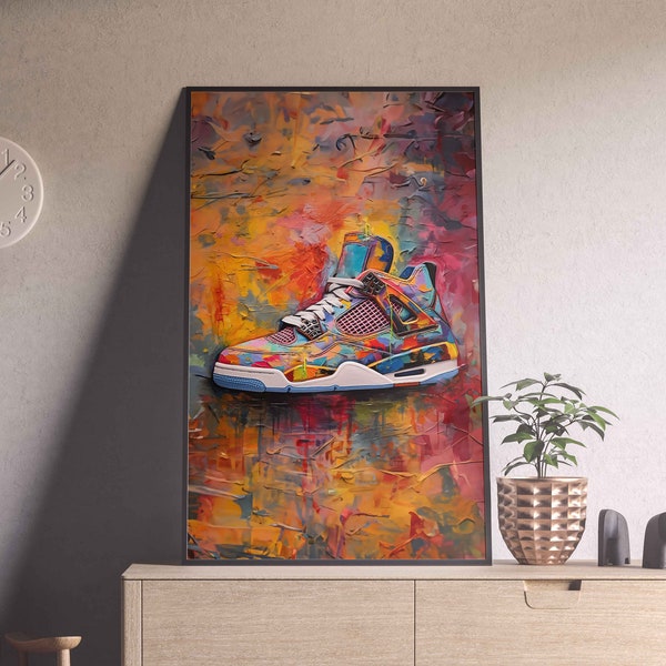 Inspired by Jordan Four oil painting, digital art download, art in mixed, digital Jordan, sneaker, trainer poster art, sneaker art work