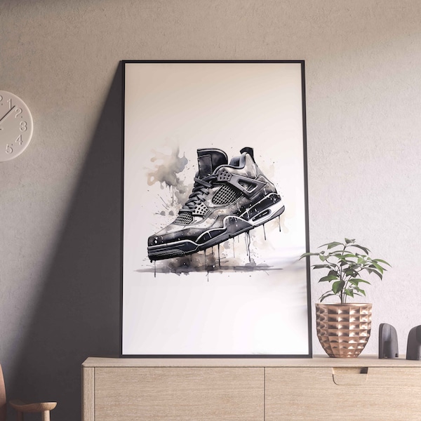Aquarel geïnspireerd door Jordan Four Black, digitale kunstdownload, kunst in zwart, digitale Jordan, sneaker, trainerposter, sneakerhead kunstcadeau