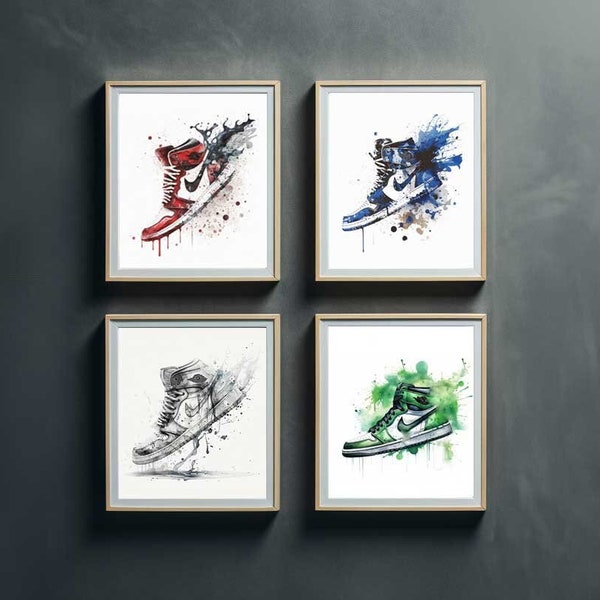 Water Colour Inspired by Jordan One set, paintings, Sneaker Art Prints, Wall Art Decor, Trainer Print, Jordan 1, Sneaker Lover Gift