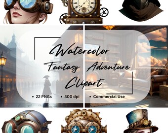 Watercolor Fantasy Adventure Clipart Bundle, Steampunk, Commercial Use, PNG