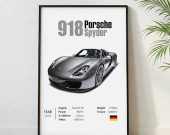 Póster del Porsche 918 / Impresión de calidad museística / Lámina de superdeportivo / Póster de coche para decoración del hogar / Decoración de pared / Regalo para el Día del Padre / Decoración de Postersroom