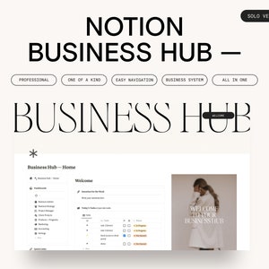 以下が含まれることがあります： 太字で「NOTION BUSINESS HUB」と書かれたデジタルNotion Business Hubインターフェース。ビジネス戦略やプロジェクト管理などのセクションがあります。「WELCOME TO YOUR BUSINESS HUB」の文字も表示されています。