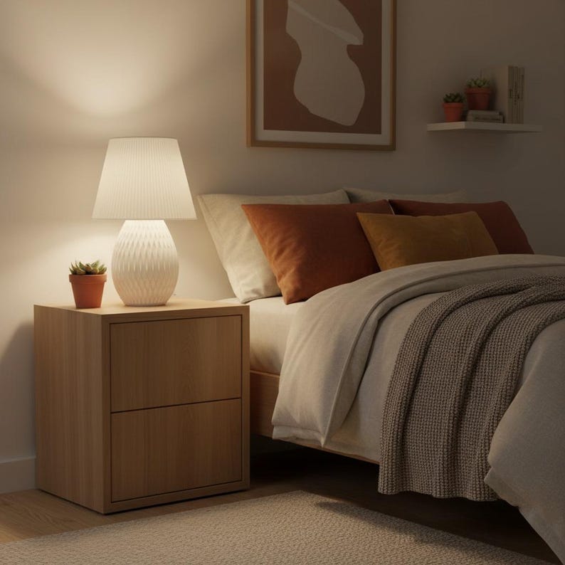May include: A bedroom scene featuring a light-colored wooden nightstand with two drawers. A white lamp with a pleated shade sits on top, next to a small potted plant. The bed has orange and yellow pillows and a gray blanket.